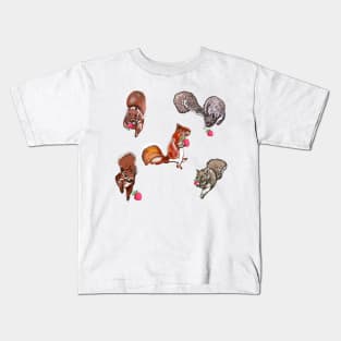 Cute squirrels with strawberries - dark pattern Kids T-Shirt